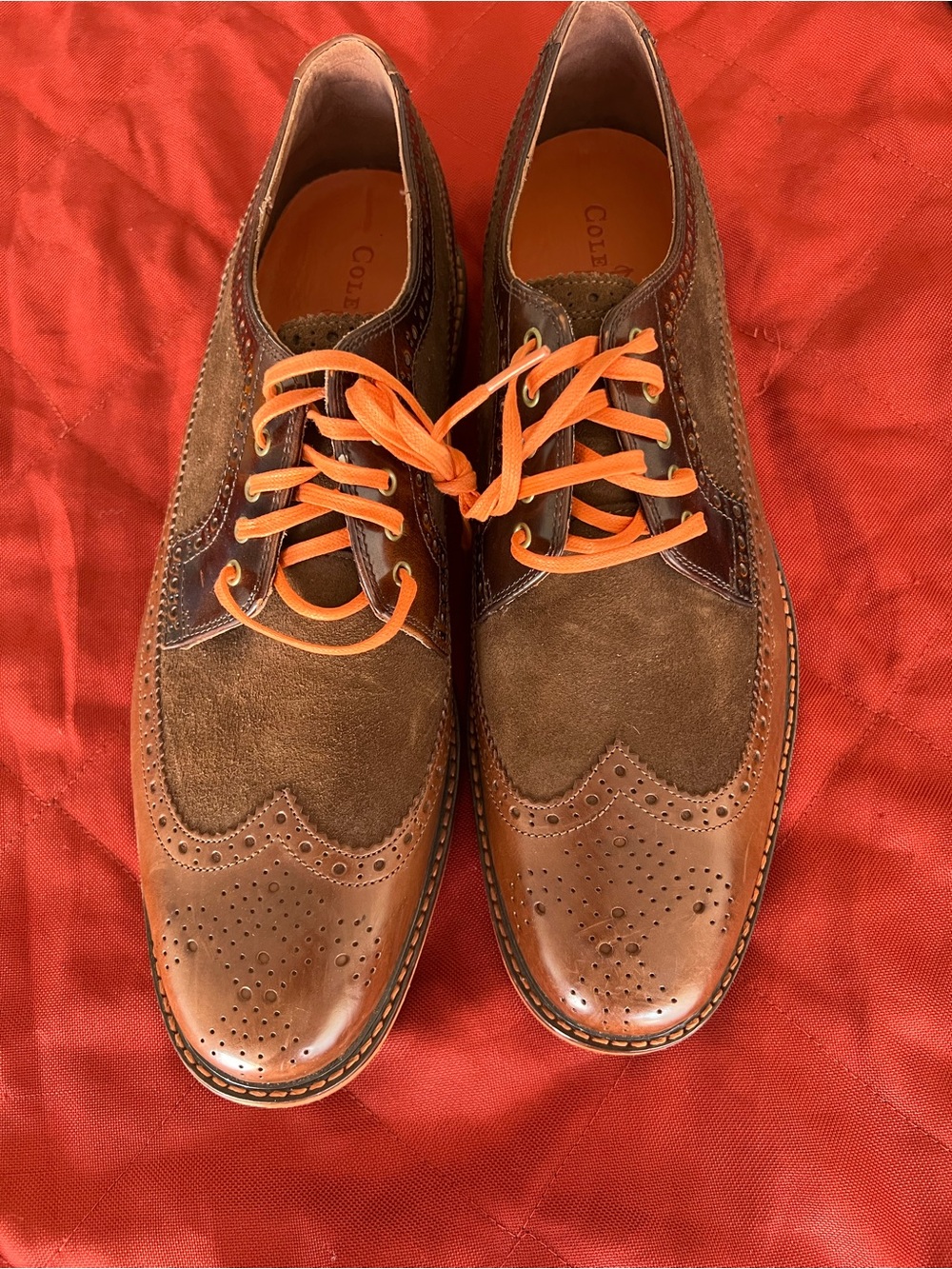 Cole Haan Lunargrand Wingtip Oxfords brown leather suede upper orange laces.
